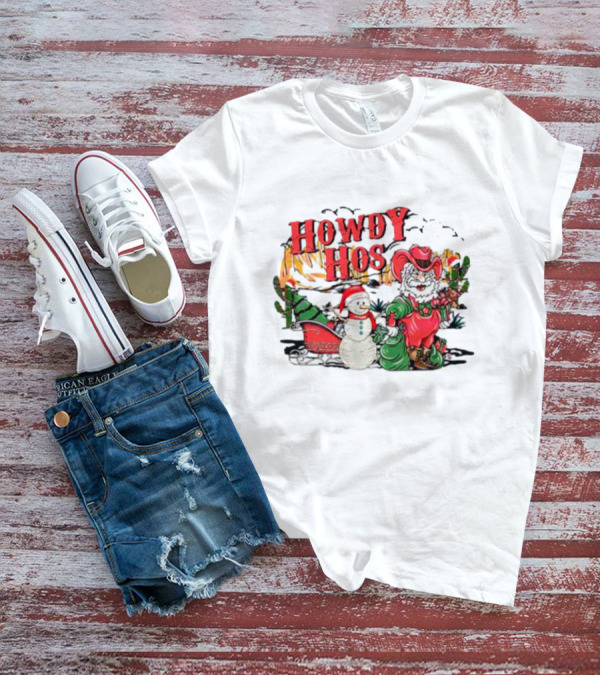 Howdy Hos Santa Snowman Sled Cowboy Christmas Scene T-Shirt