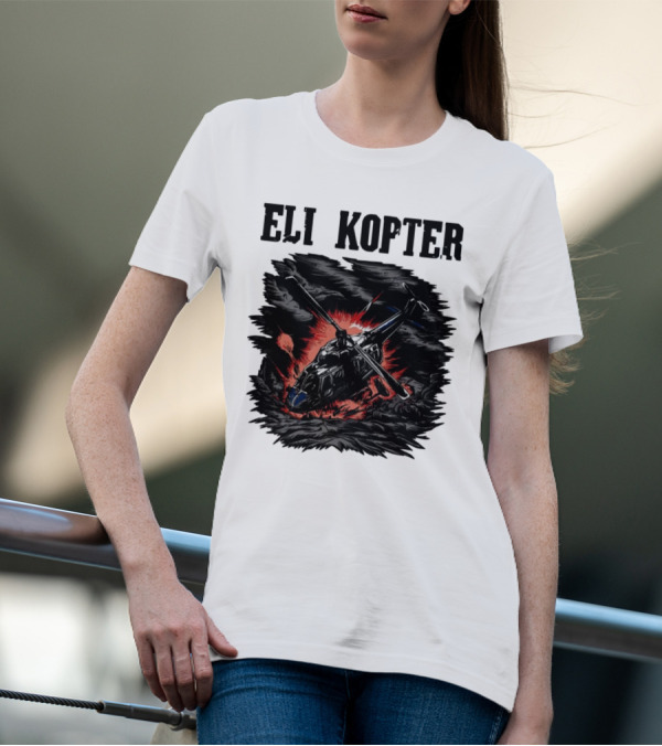 Eli Kopter Helicopter In Stormy Sky With Red Explosion T-Shirt
