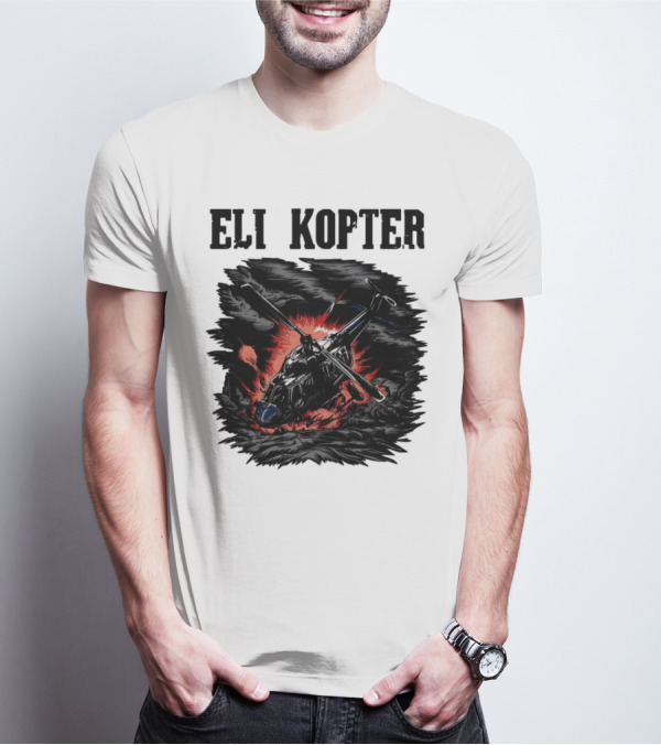 Eli Kopter Helicopter In Stormy Sky With Red Explosion T-Shirt