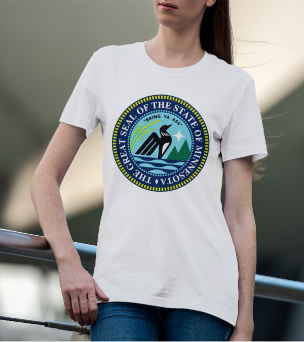 The Great Seal Of The State Of Minnesota Bring Ya Ass Black Bird Mountains Waves Star T-Shirt