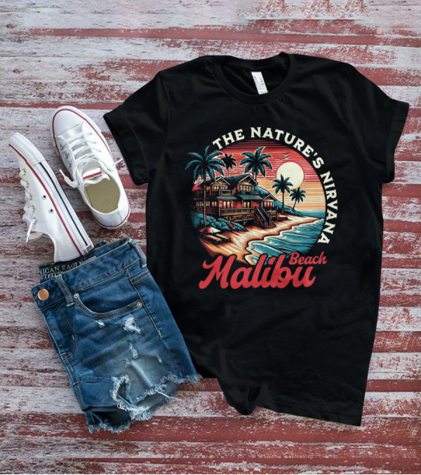 The Nature's Nirvana Malibu Beach Retro Sunset Scene T-Shirt
