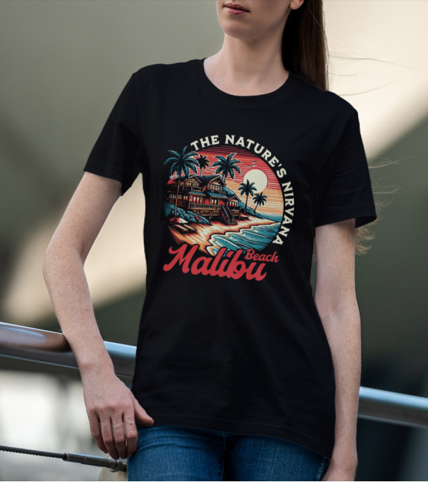 The Nature's Nirvana Malibu Beach Retro Sunset Scene T-Shirt