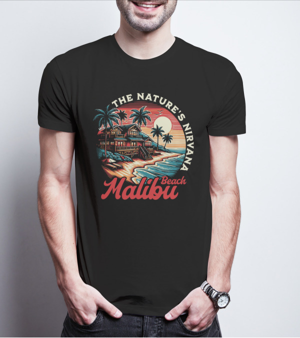 The Nature's Nirvana Malibu Beach Retro Sunset Scene T-Shirt