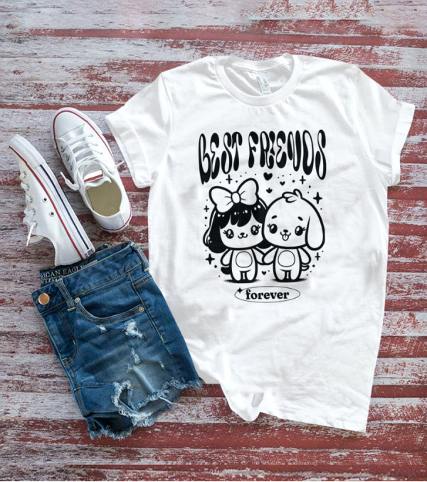 BEST FRIENDS FOREVER Cute Cartoon Characters Holding Hands With Hearts And Stars T-Shirt