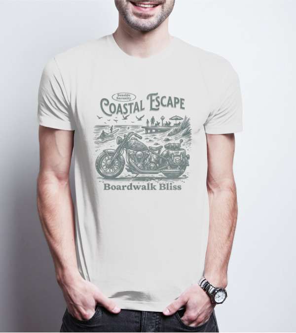 Seaside Serenity Coastal Escape Motorcycle Boardwalk Bliss T-Shirt