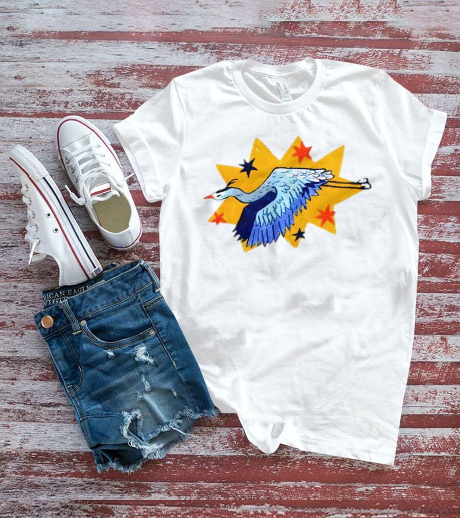 Grey Heron Flying Against Starry Yellow Burst T-Shirt