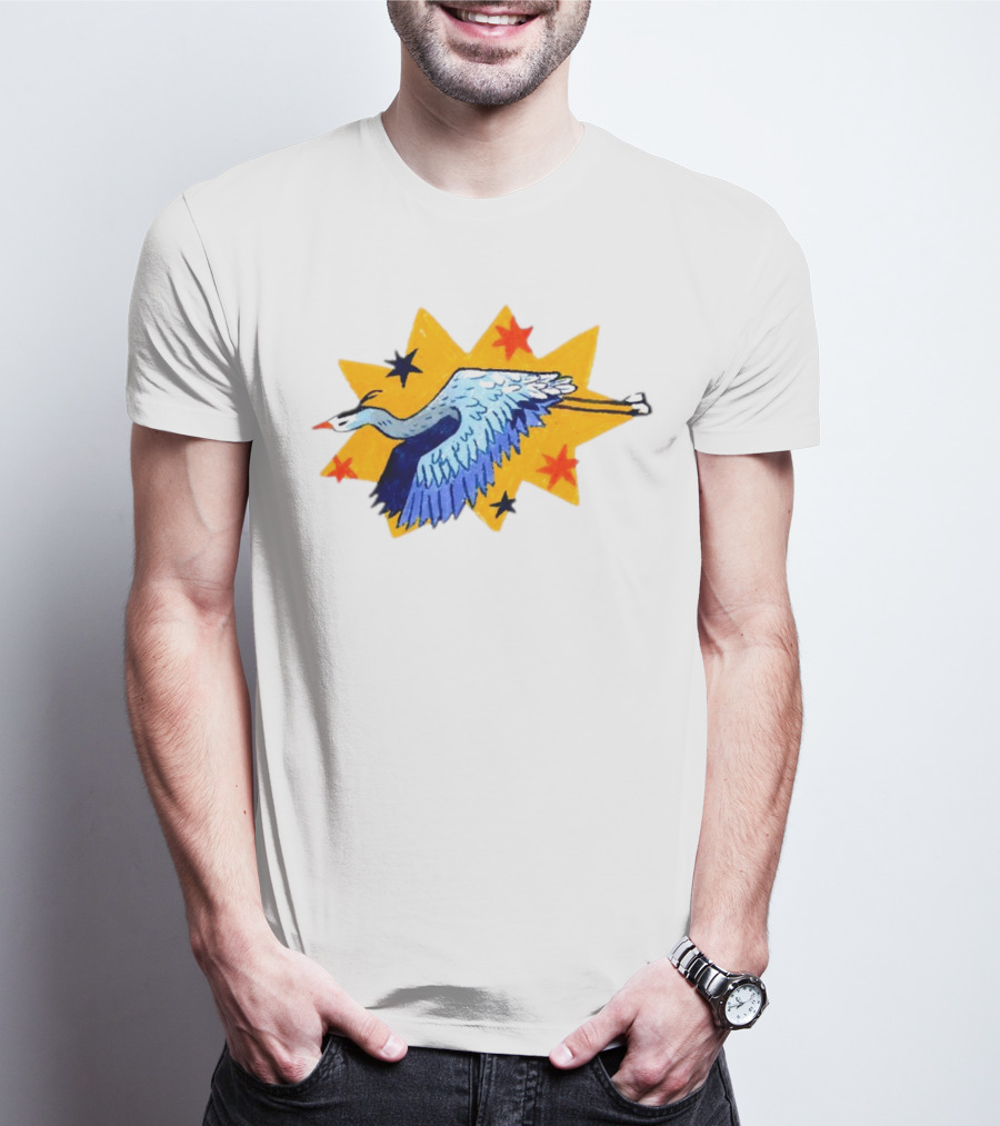 Grey Heron Flying Against Starry Yellow Burst T-Shirt