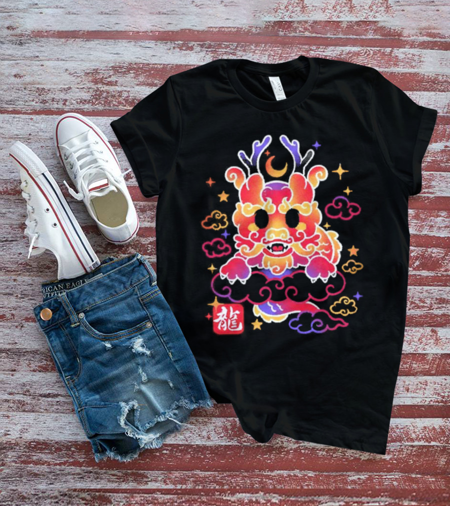 Kawaii Chinese Dragon With Colorful Clouds And Stars Asian Aesthetic T-Shirt
