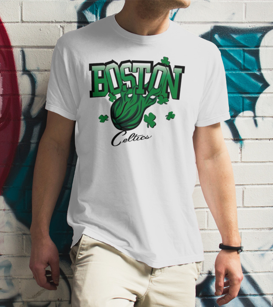 Boston Celtics Vintage Shamrock Basketball Flame T-Shirt