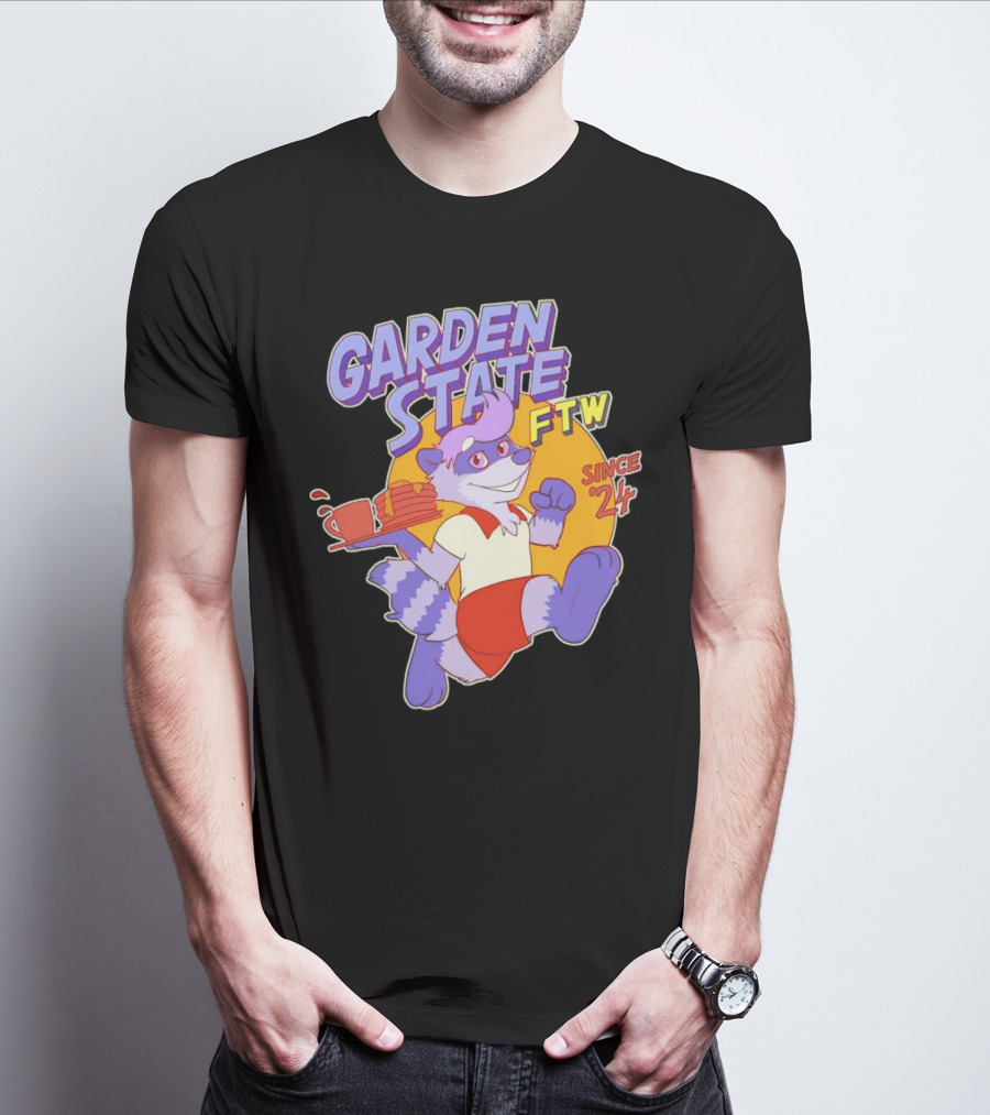 Garden State FTW Since 24 Cartoon Raccoon Serving Pancakes T-Shirt