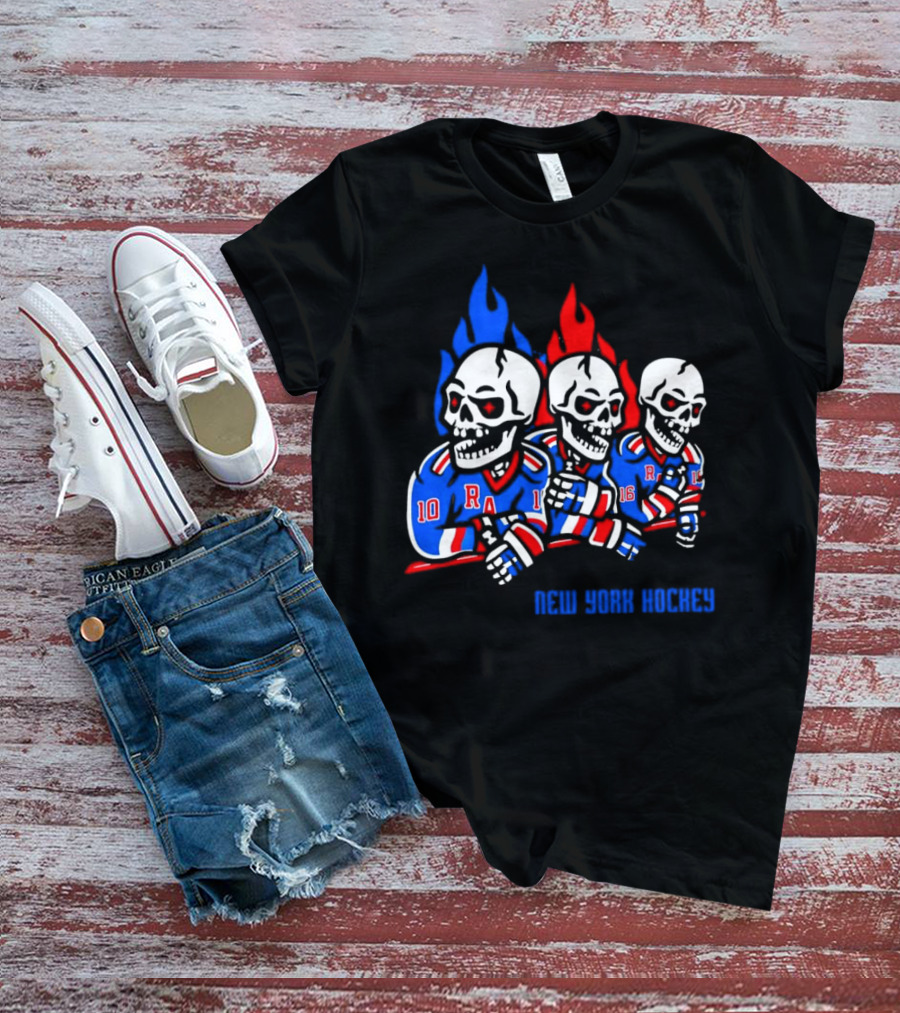 New York Rangers Skeleton Hockey Flames T-Shirt