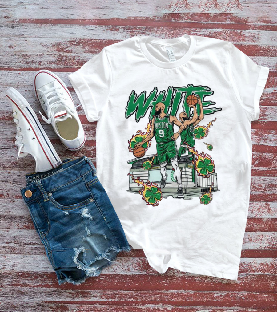 Boston Celtics White 9 Basketball Player With Shamrocks And Basketball Court T-Shirt
