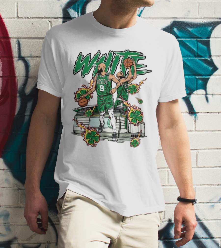 Boston Celtics White 9 Basketball Player With Shamrocks And Basketball Court T-Shirt