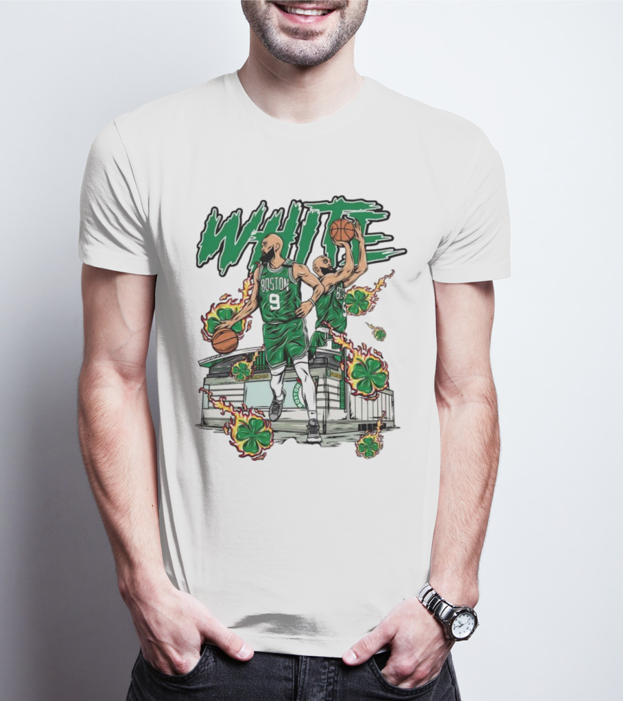 Boston Celtics White 9 Basketball Player With Shamrocks And Basketball Court T-Shirt