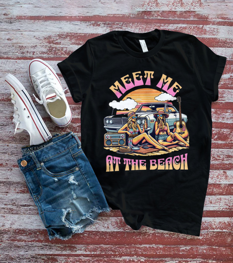 Meet Me At The Beach Sunset Paradise With Classic Car And Guitar T-Shirt