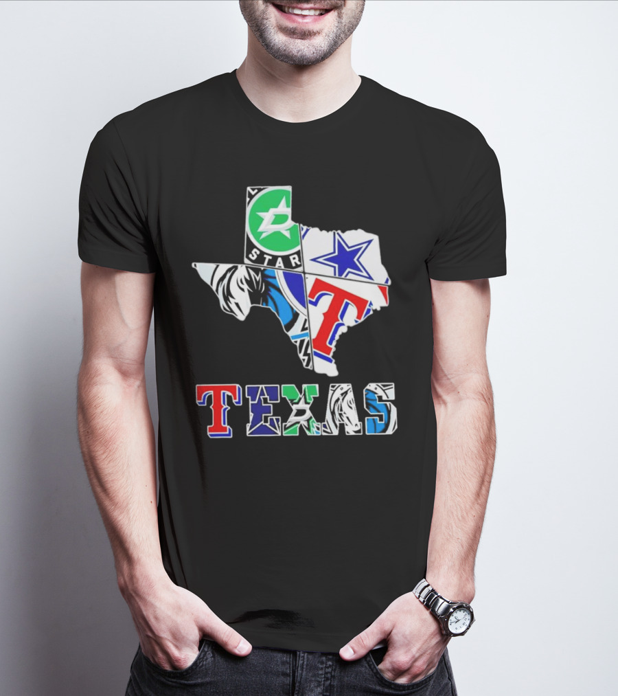 Dallas Hockey Cowboys Rangers Mavericks Texas Map T-Shirt