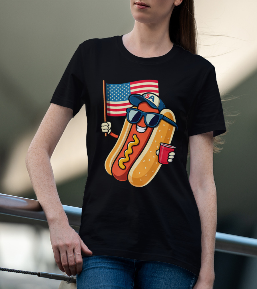 Fourth Of July USA Hotdog With American Flag And Sunglasses T-Shirt