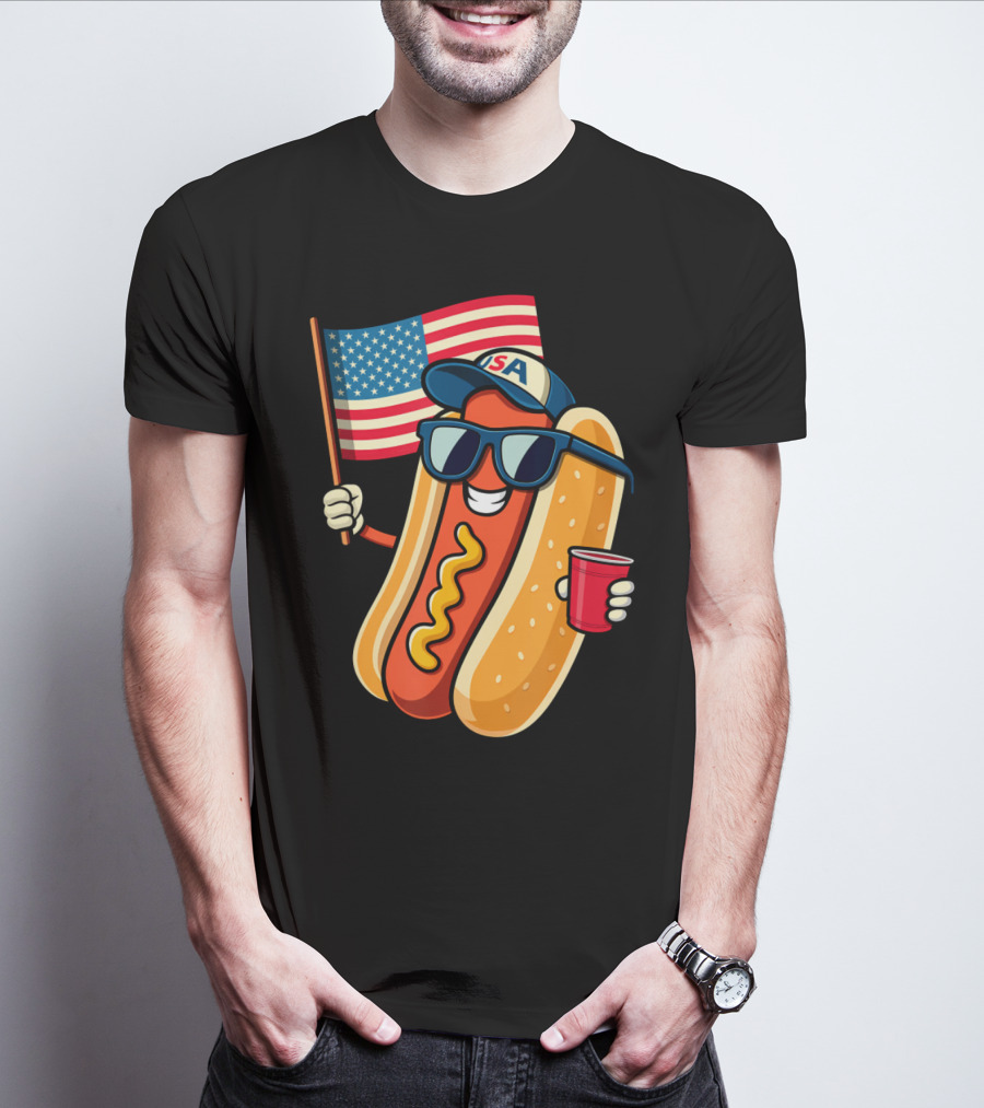 Fourth Of July USA Hotdog With American Flag And Sunglasses T-Shirt