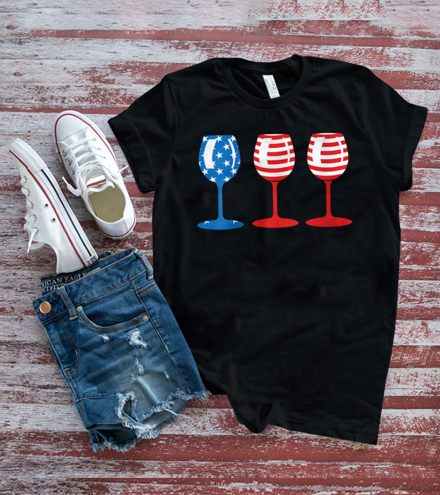 American Flag Fourth Of July Wine Glass Trio Stars And Stripes Patriotic T-Shirt