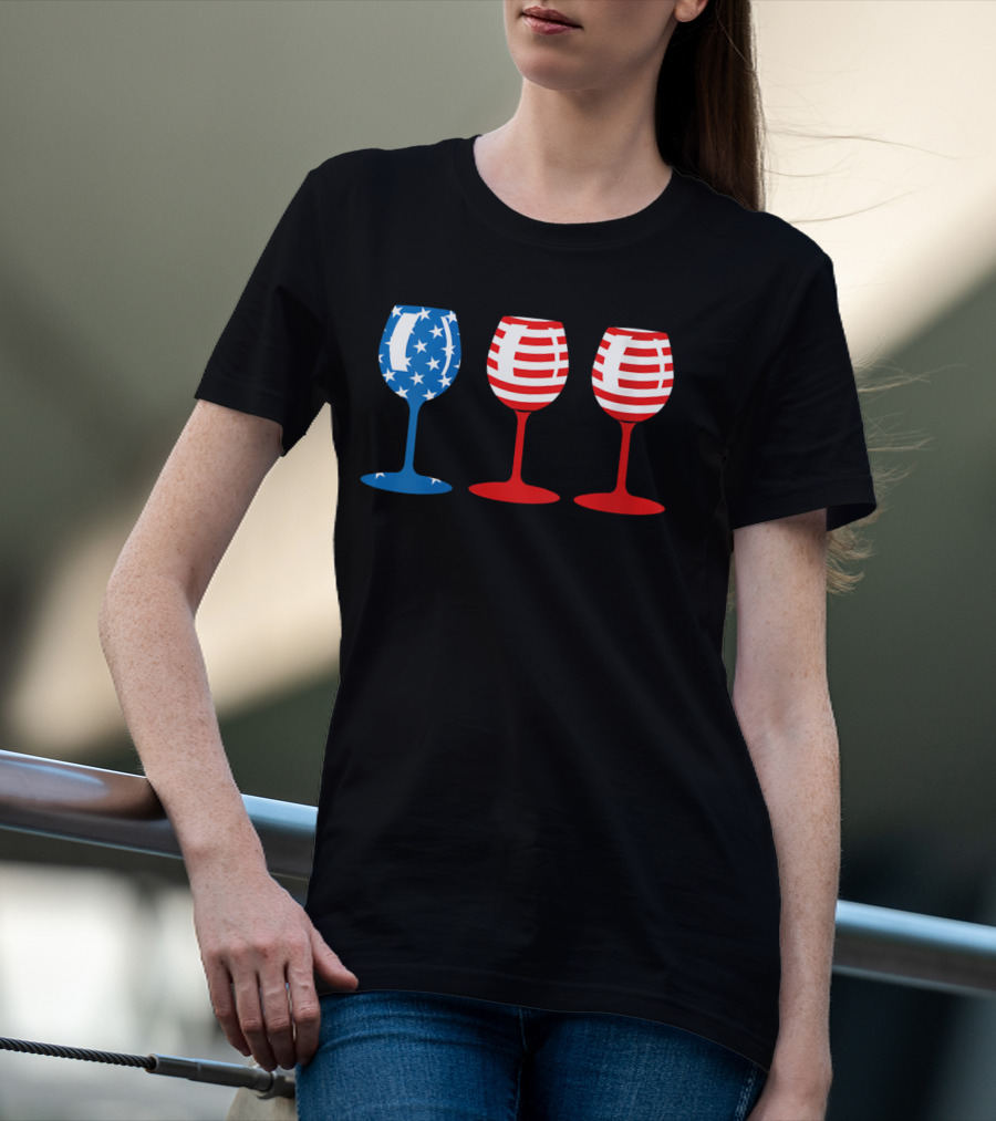 American Flag Fourth Of July Wine Glass Trio Stars And Stripes Patriotic T-Shirt