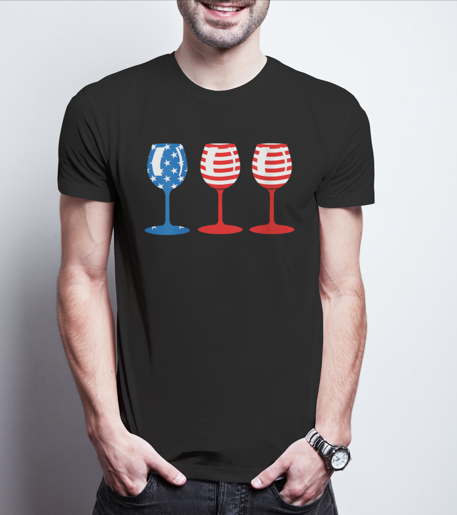 American Flag Fourth Of July Wine Glass Trio Stars And Stripes Patriotic T-Shirt