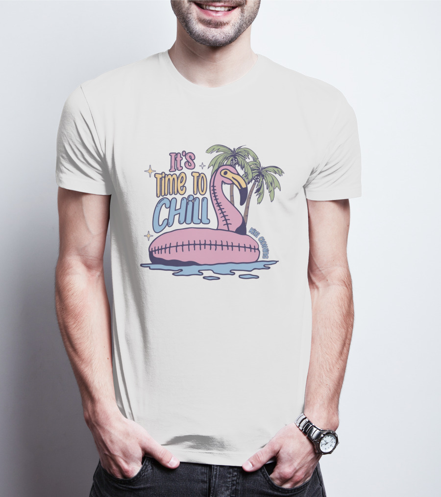 It's Time To Chill Flamingo Palm Trees Ocean Keith Owings T-Shirt