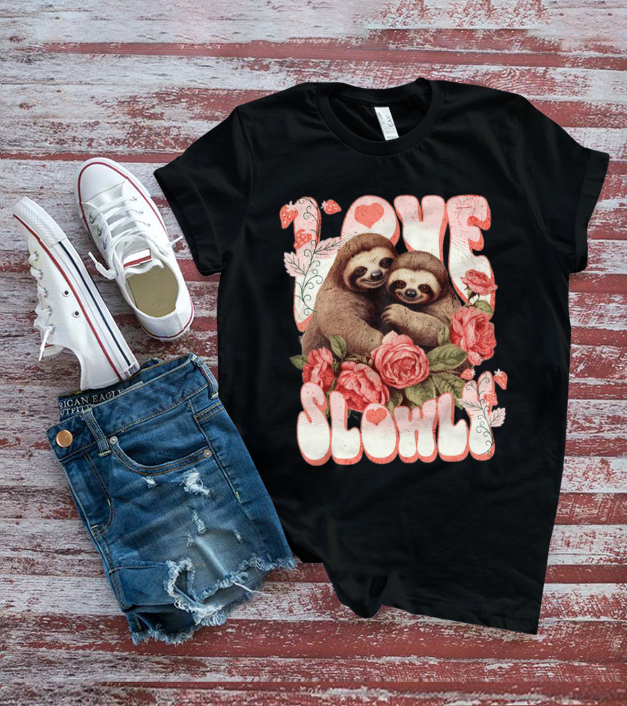 Love Slowly Sloth Couple Romance Valentine Heart Roses T-Shirt