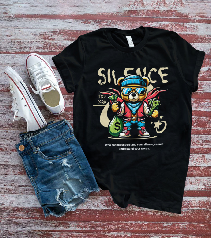 SILENCE Bear In Shades With Money Bags TRD MRK T-Shirt