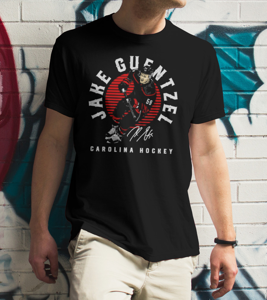 Jake Guentzel Carolina Hockey Number 59 Emblem With Red Circle And Signature T-Shirt