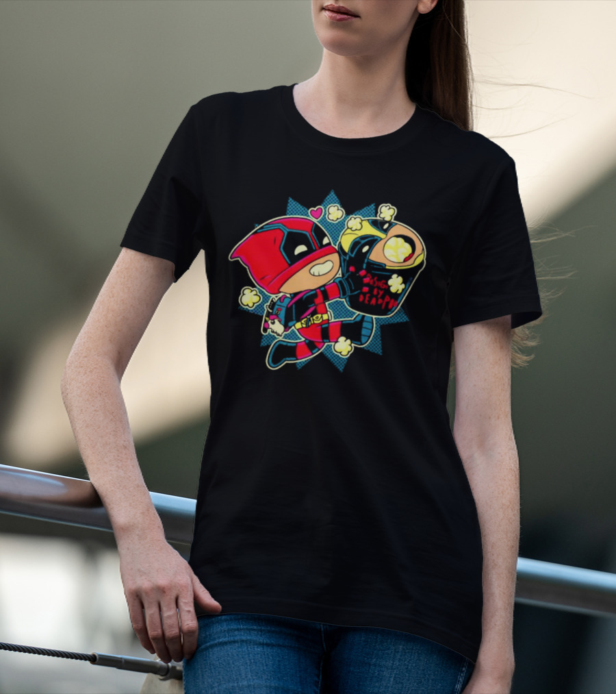 Deadpool Wolverine Pushing By Deadpool Popcorn Buckets Heart T-Shirt