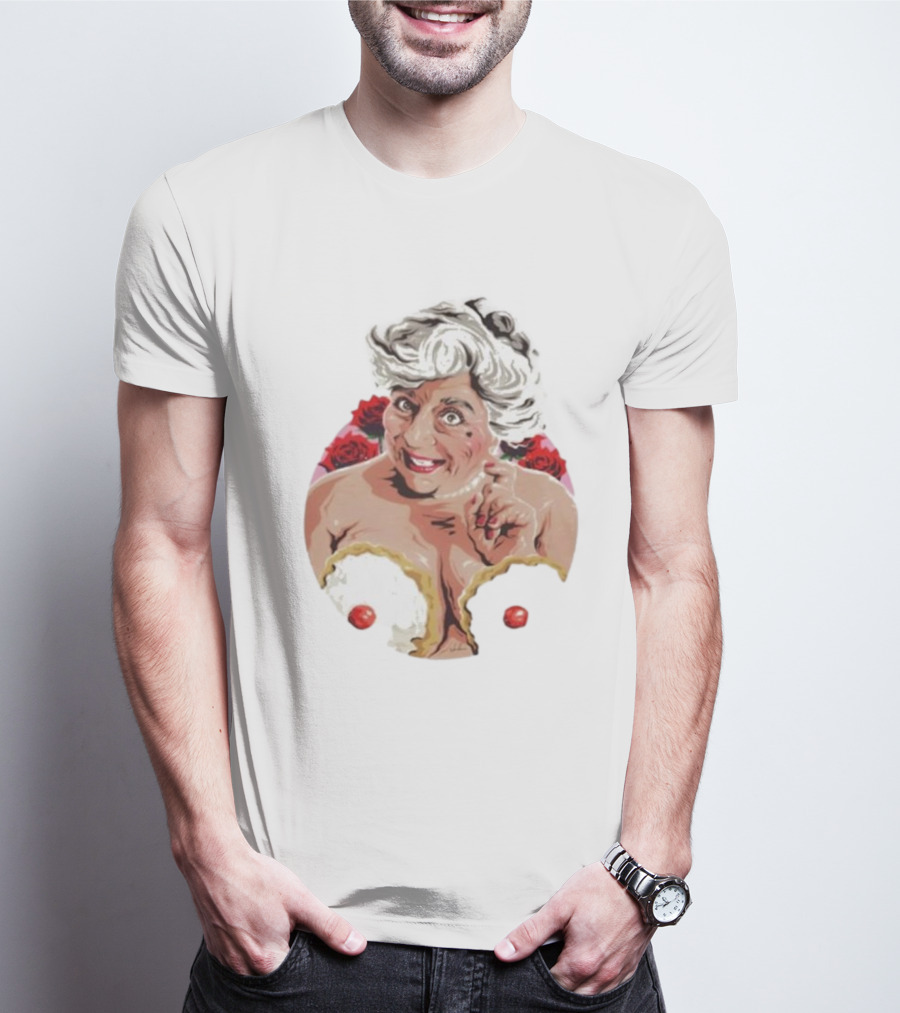 Nordacious Miriam Margolyes Humorous Portrait With Cakes And Roses T-Shirt