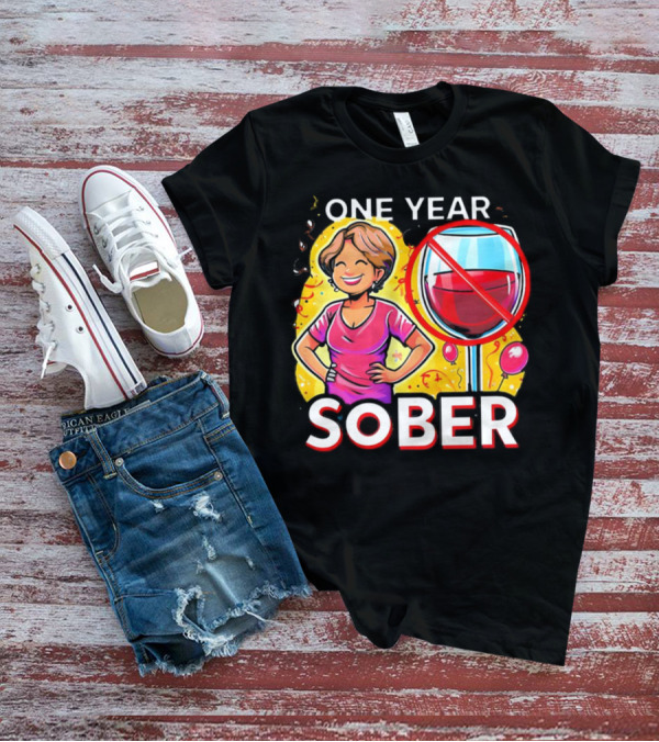 One Year Sober Celebration With Joyful Woman And No Wine T-Shirt