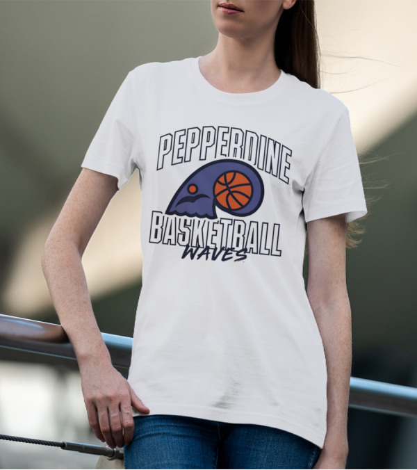 Pepperdine Waves Basketball Logo With Orange Basketball And Wave T-Shirt