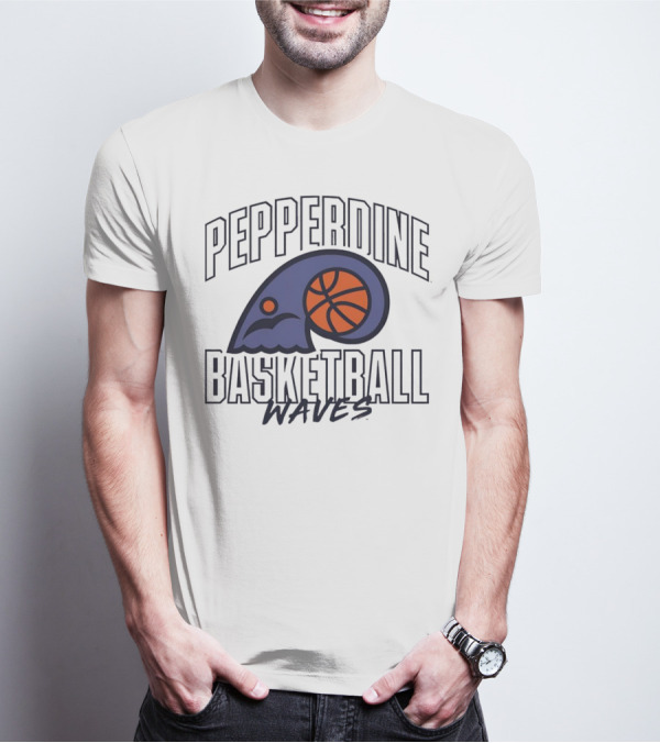Pepperdine Waves Basketball Logo With Orange Basketball And Wave T-Shirt