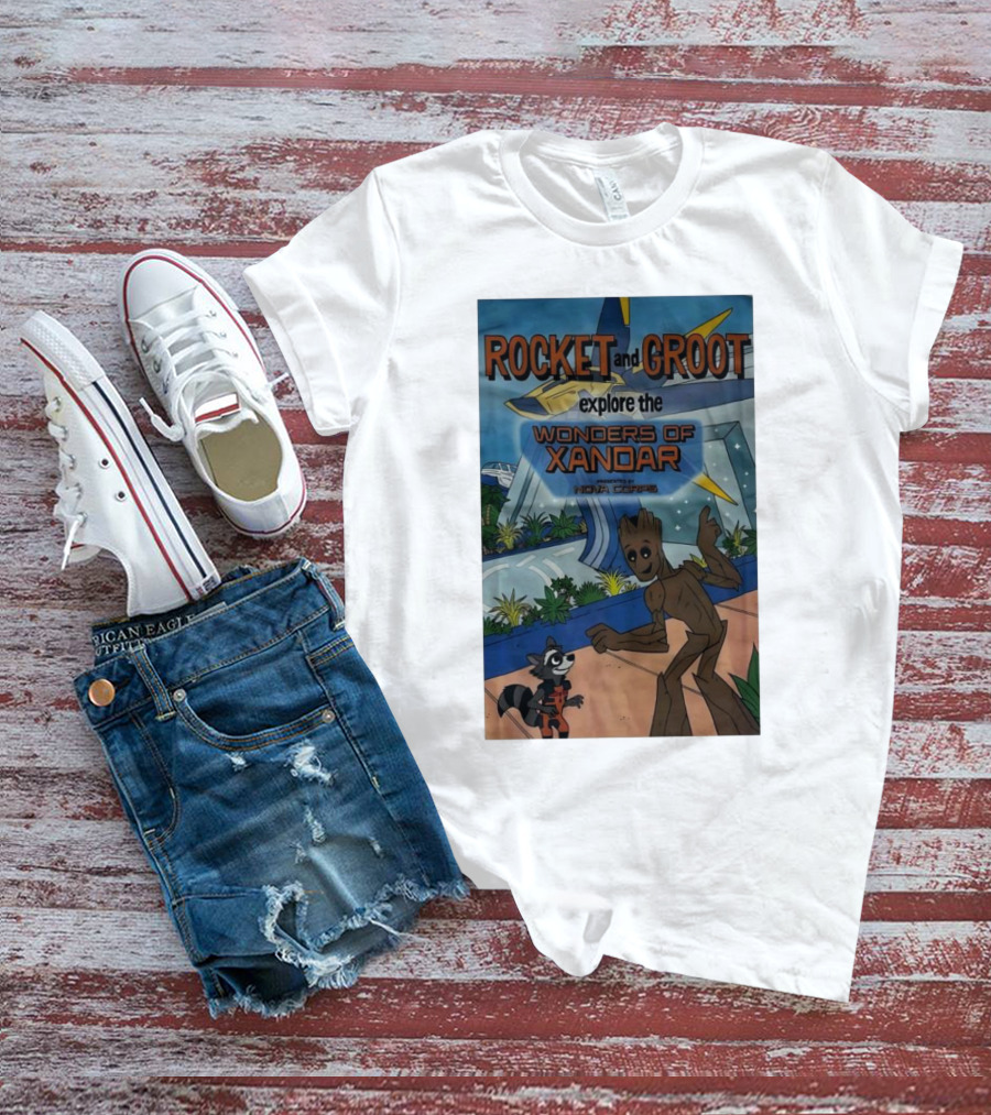 Rocket And Groot Explore The Wonders Of Xandar Featuring The Nova Corps T-Shirt
