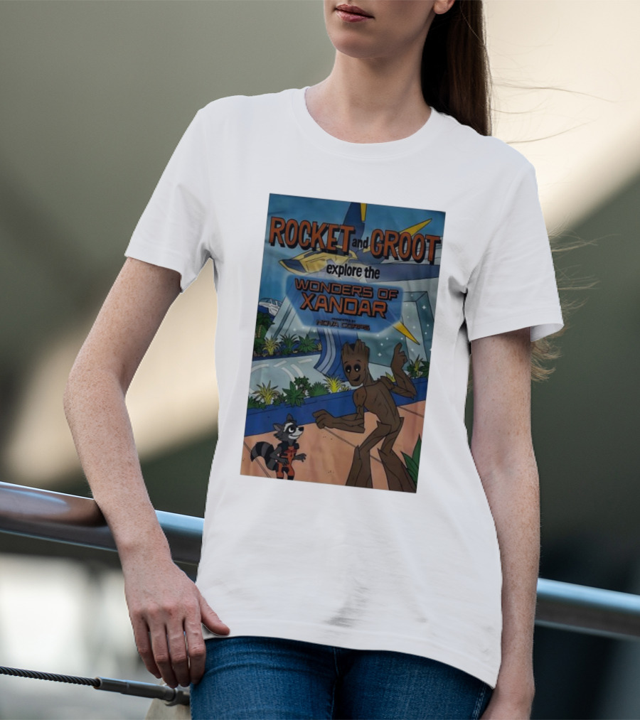 Rocket And Groot Explore The Wonders Of Xandar Featuring The Nova Corps T-Shirt