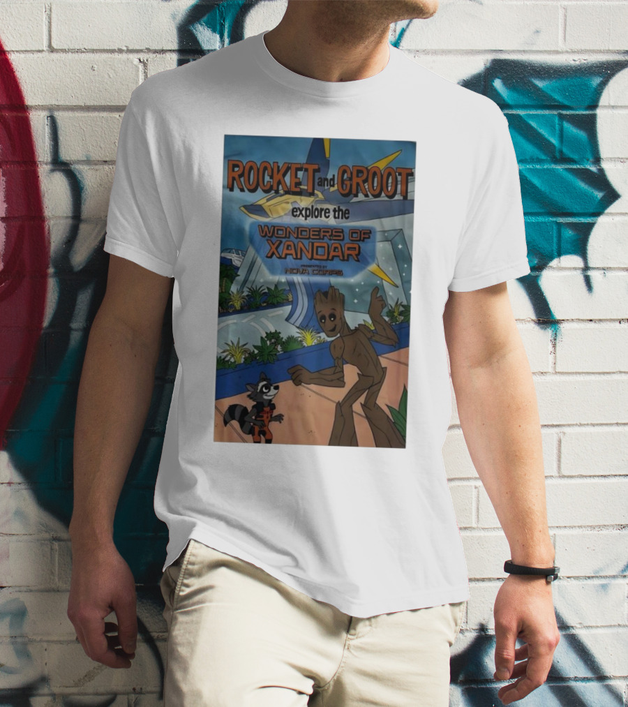 Rocket And Groot Explore The Wonders Of Xandar Featuring The Nova Corps T-Shirt