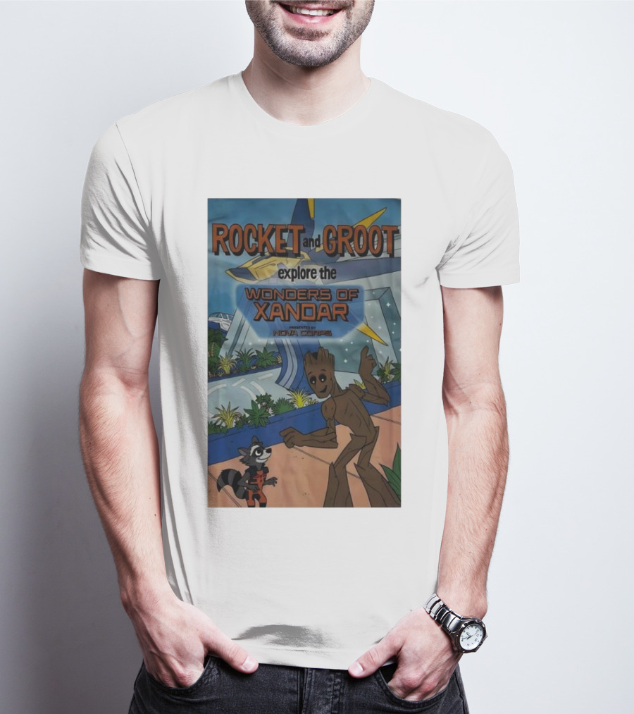 Rocket And Groot Explore The Wonders Of Xandar Featuring The Nova Corps T-Shirt