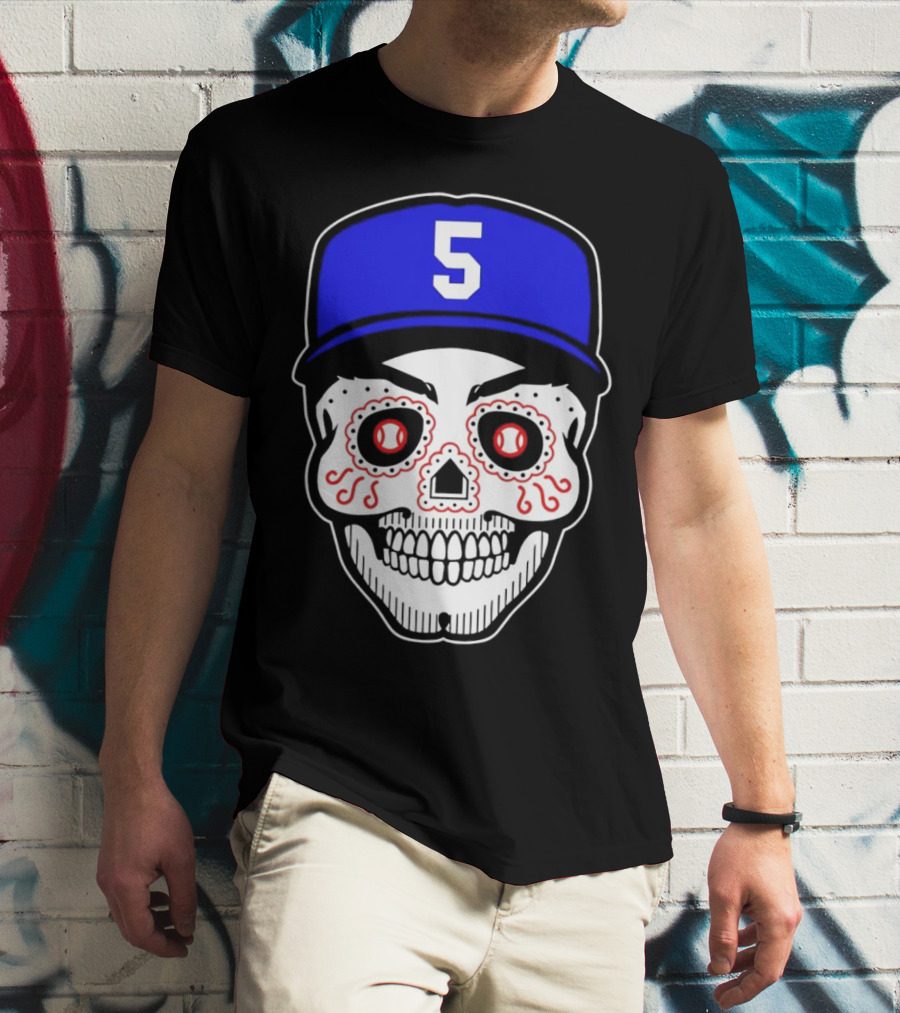 Freddie Freeman Sugar Skull Design Los Angeles Dodgers Number 5 Baseball Cap T-Shirt