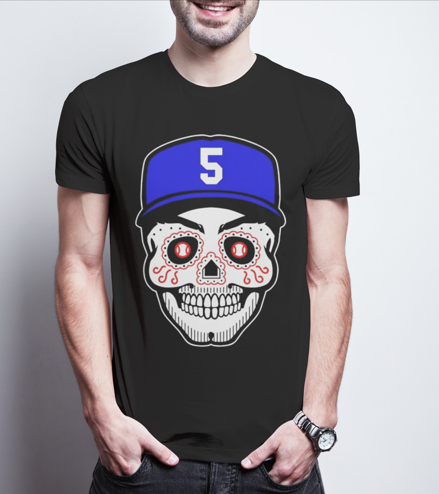 Freddie Freeman Sugar Skull Design Los Angeles Dodgers Number 5 Baseball Cap T-Shirt