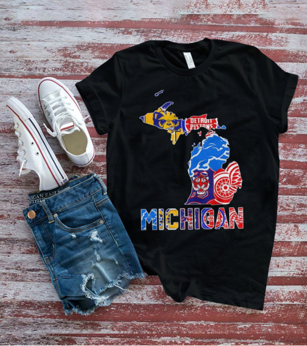 Michigan Sports Teams Logos Map Detroit Pistons Lions Tigers Red Wings T-Shirt