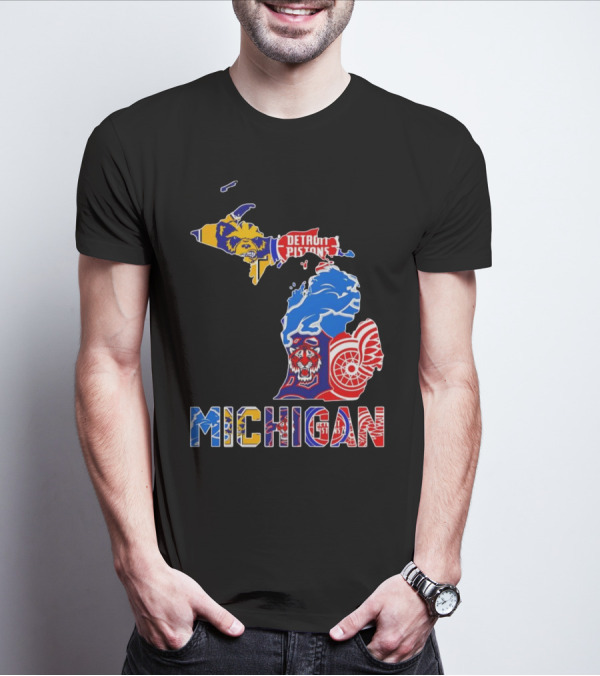 Michigan Sports Teams Logos Map Detroit Pistons Lions Tigers Red Wings T-Shirt
