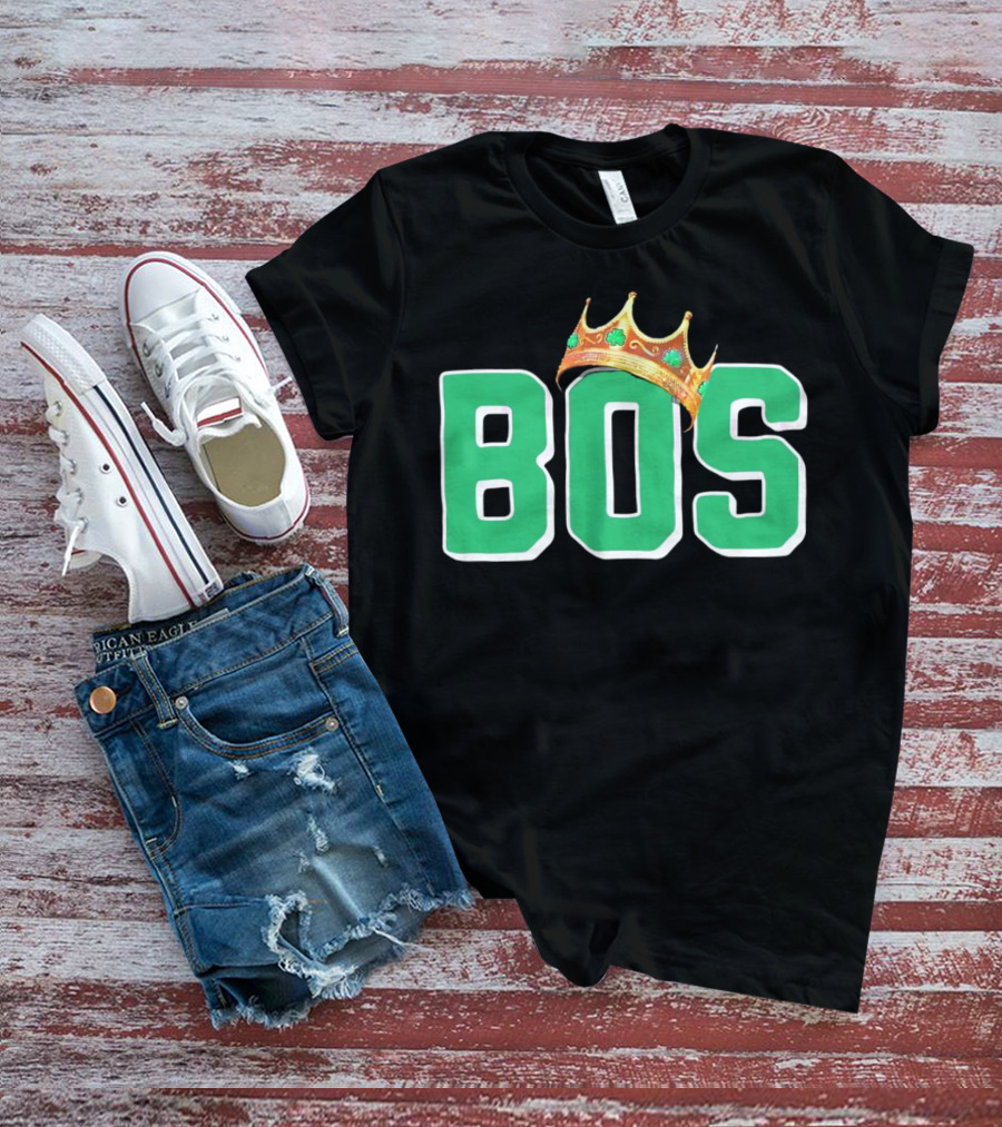 BOS Boston Basketball Champions Crown Symbol Green Letters T-Shirt