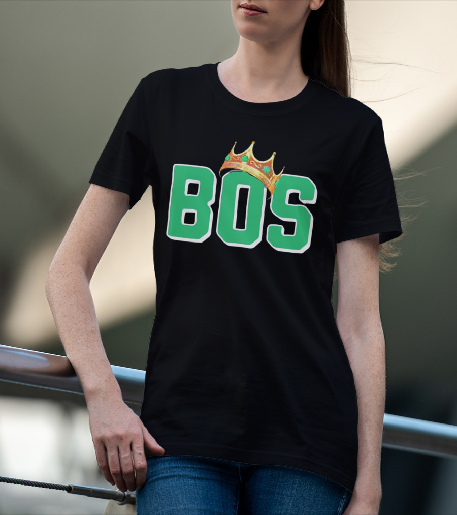 BOS Boston Basketball Champions Crown Symbol Green Letters T-Shirt