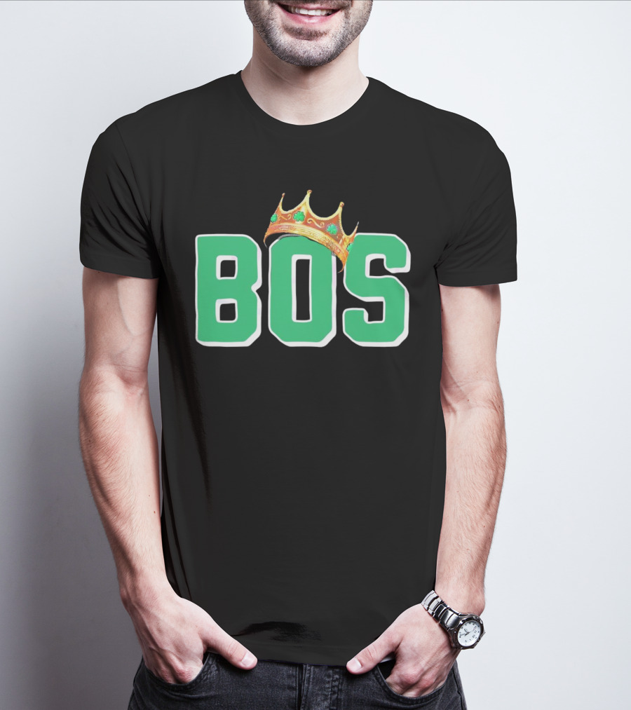 BOS Boston Basketball Champions Crown Symbol Green Letters T-Shirt