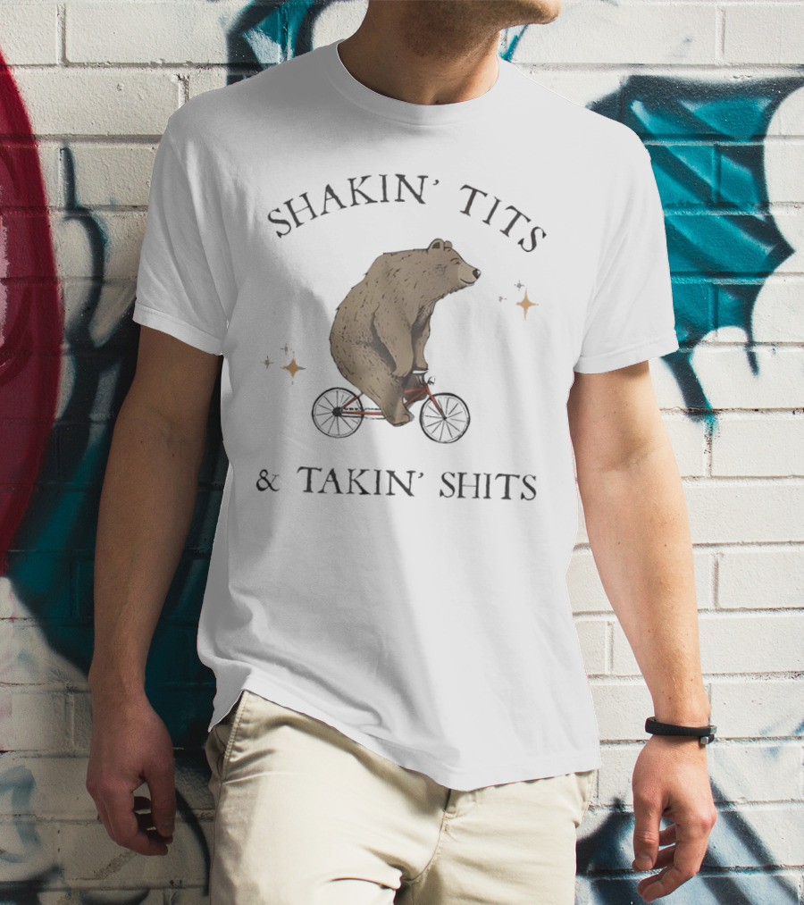 Shakin' Tits Bear Riding Bicycle And Takin' Shits With Stars T-Shirt