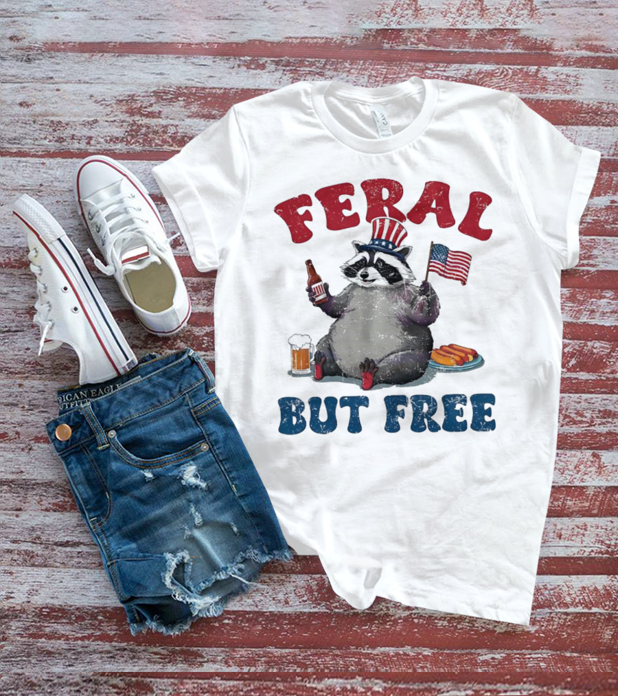Feral But Free Raccoon Holding USA Flag On 4th Of July T-Shirt