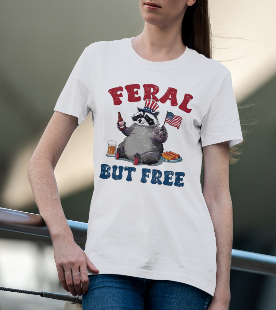 Feral But Free Raccoon Holding USA Flag On 4th Of July T-Shirt