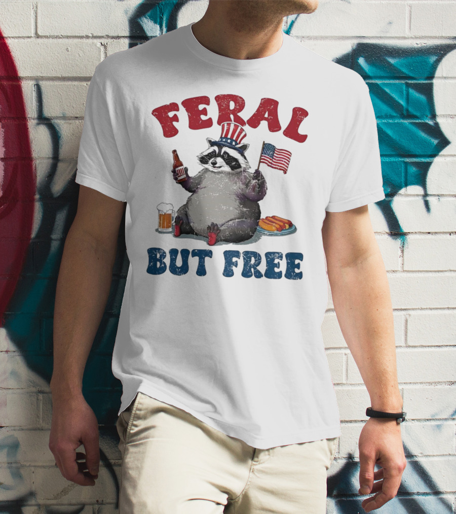 Feral But Free Raccoon Holding USA Flag On 4th Of July T-Shirt