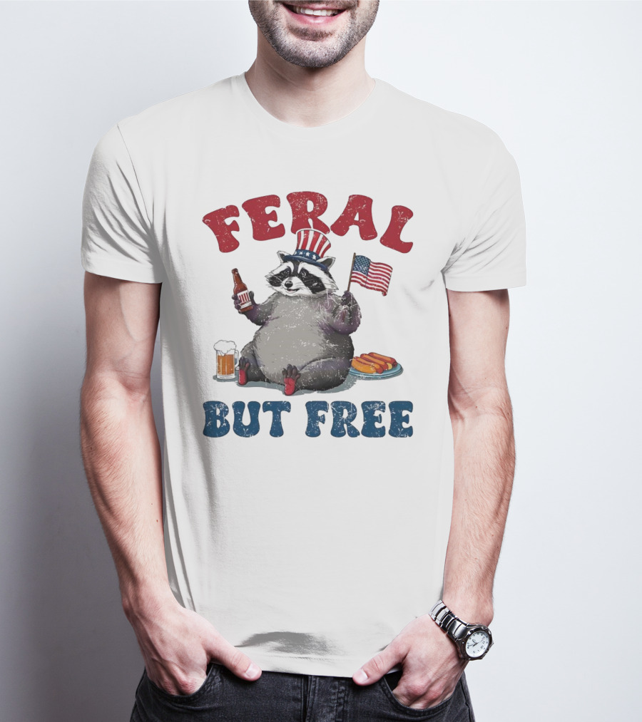 Feral But Free Raccoon Holding USA Flag On 4th Of July T-Shirt